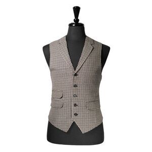Mens Vest 40R Beige Black Houndstooth Check Wool Waistcoat Formal Wedding Party
